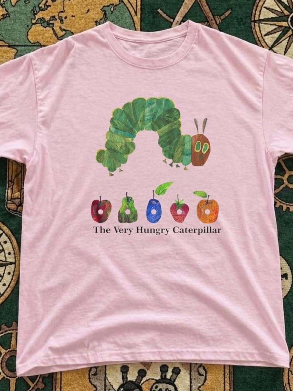 Gildan Pink Tee with Green Caterpillar & Multicolor Fruit Graphic